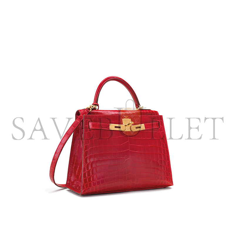 HERMÈS MASTER SHINY CHINESE RED ALLIGATOR KELLY 28 WITH GOLD HARDWARE (28*22*10cm) 